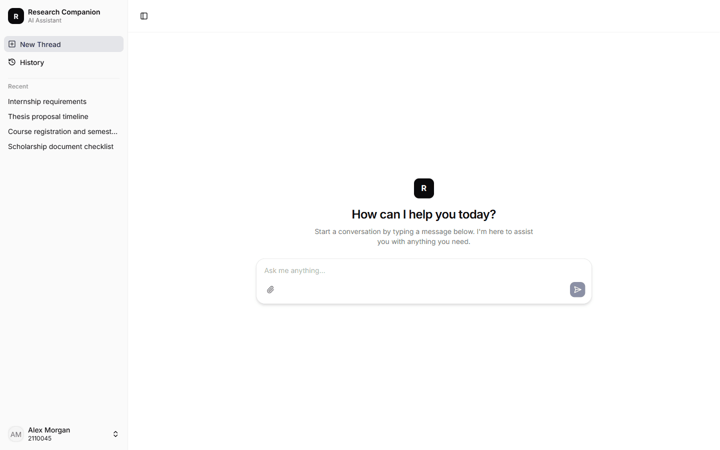 The assistant's new-conversation screen with recent threads listed in the sidebar