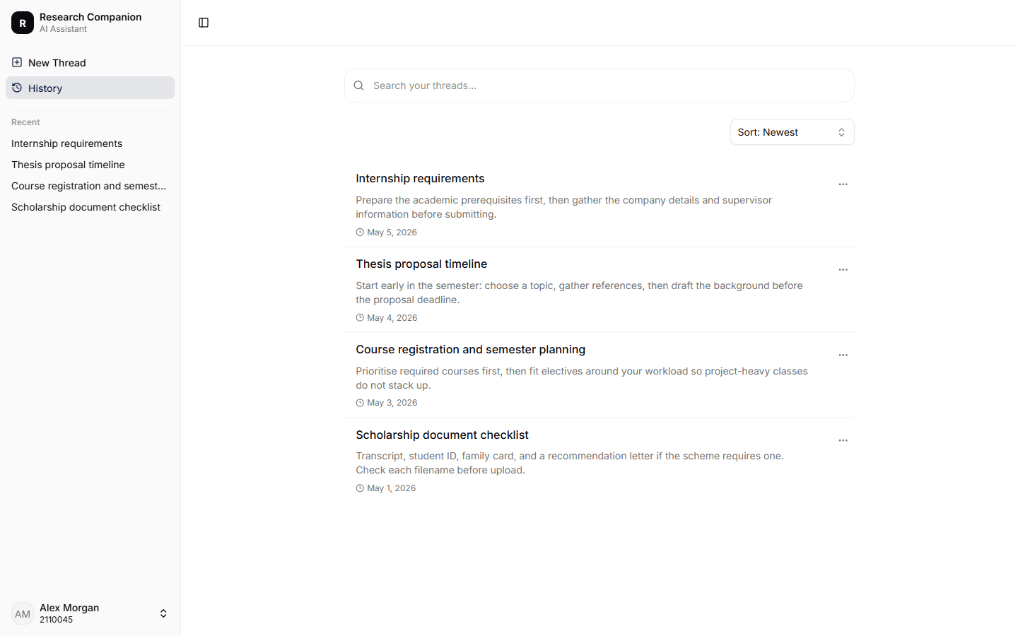 Conversation history with per-thread previews, search, and sorting