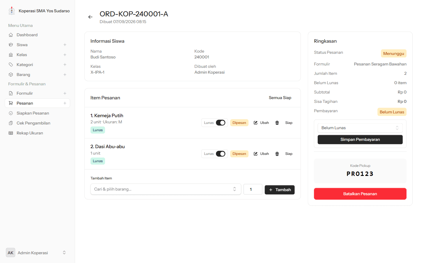 An order detail: two items, each with its own paid toggle and pickup status, alongside the student, class, and pickup code.