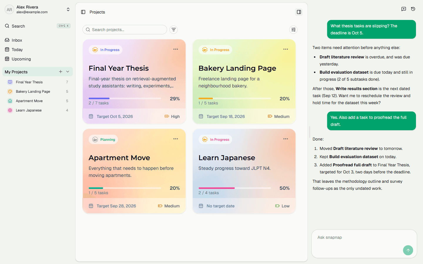 The in-app assistant planning a project: the chat panel reasons over the same tasks shown in the workspace, flags what is overdue, and lists the changes it made.