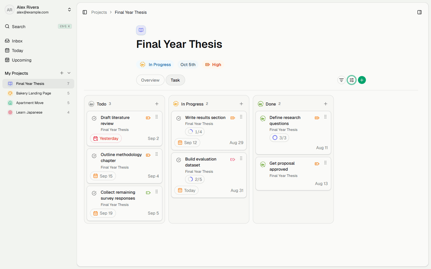 The web client showing a project board: thesis tasks grouped into Todo, In Progress, and Done columns, each card carrying a due date, priority, and subtask progress.