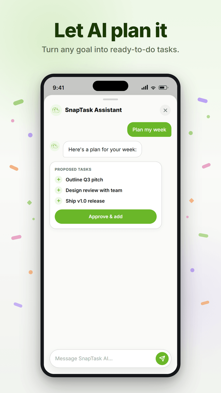Mobile assistant proposing a week of tasks with an approve-and-add action.
