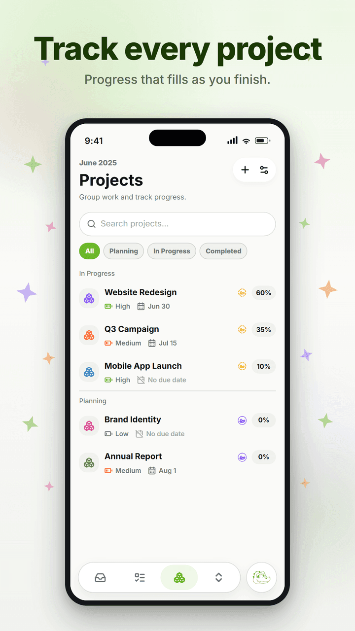 Mobile Projects screen: projects grouped by status, each with a progress ring.