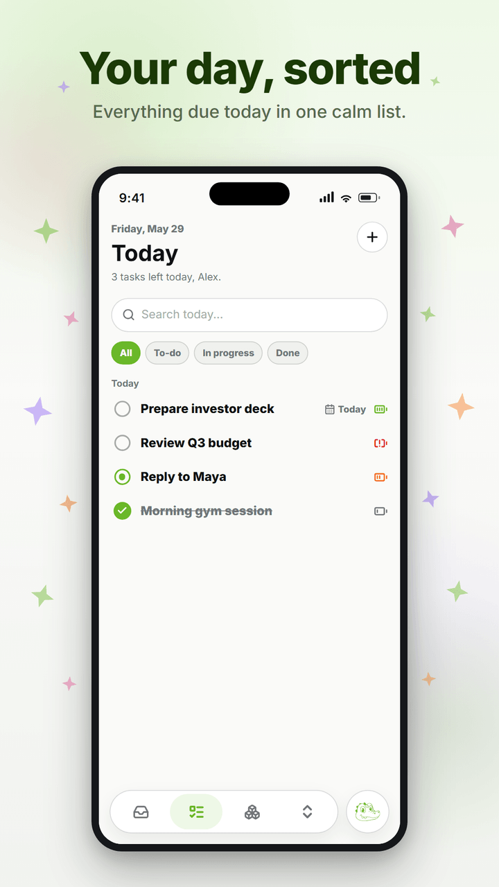 Mobile Today screen: tasks due today with status filters and a bottom tab bar.